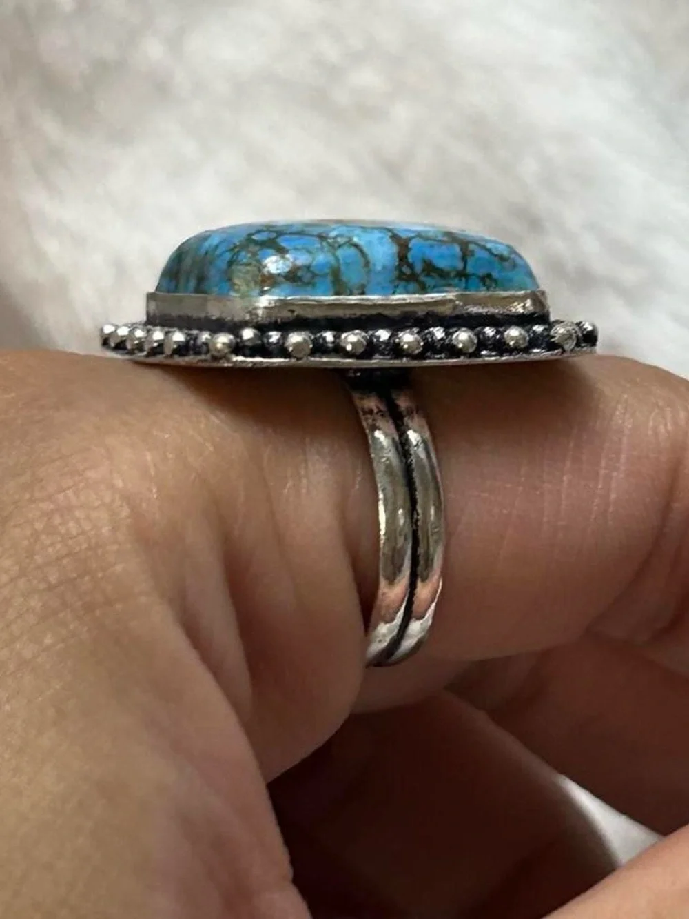 Turquoise Statement Ring with 925 Silver Beaded Halo
